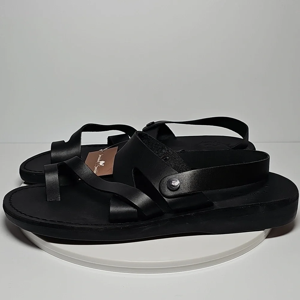 Jerusalem Amos Flat Sandals Ankle Strap Toe Loop‎ Adjustable Leather Black 13 46